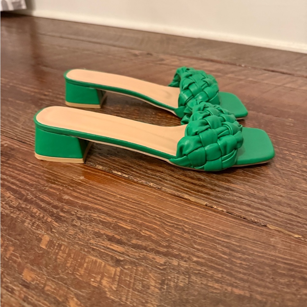 Green Woven Block Heel Sandals